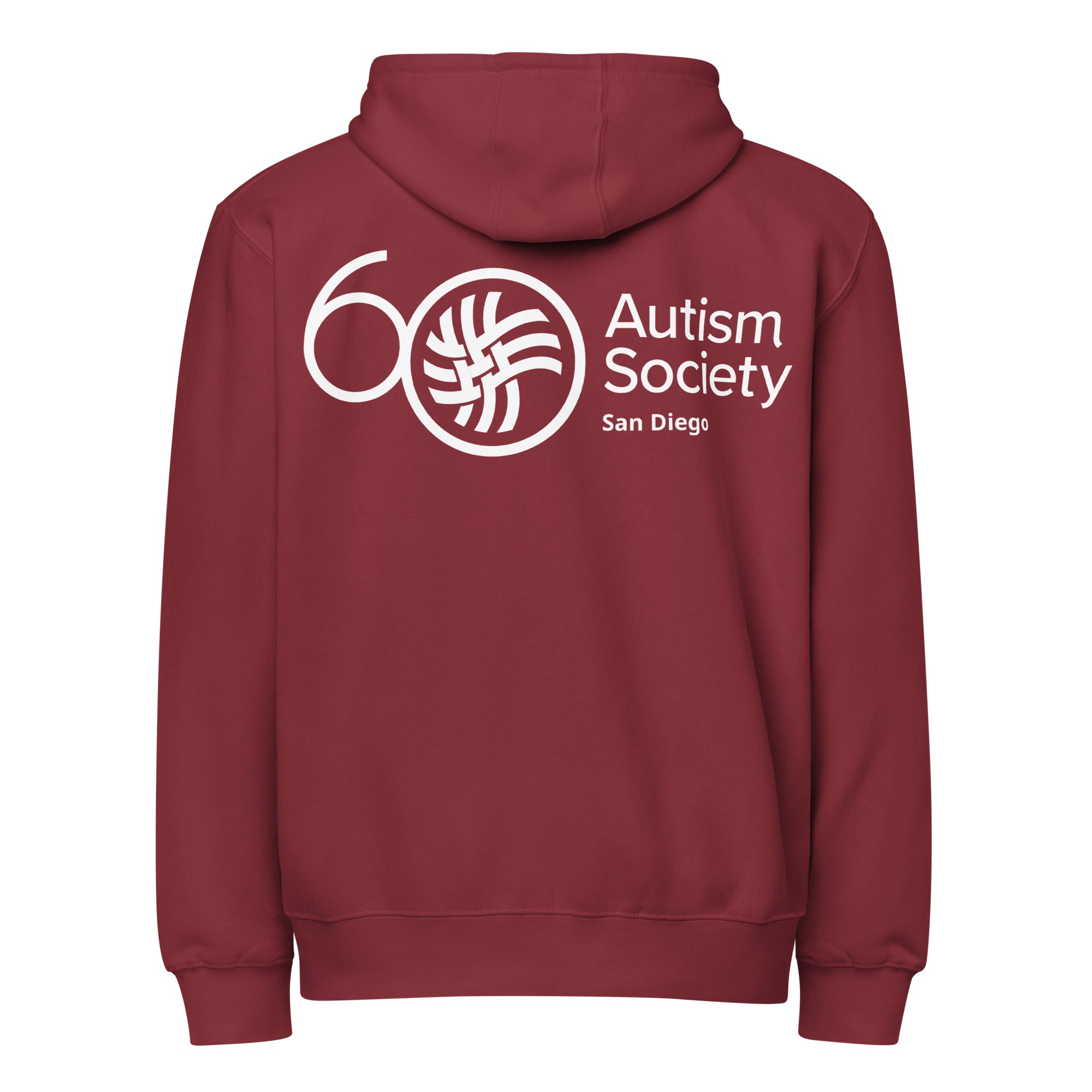 ASSD 60th Logo Zip Up Hoodie in Burgundy | Autism Society San Diego
