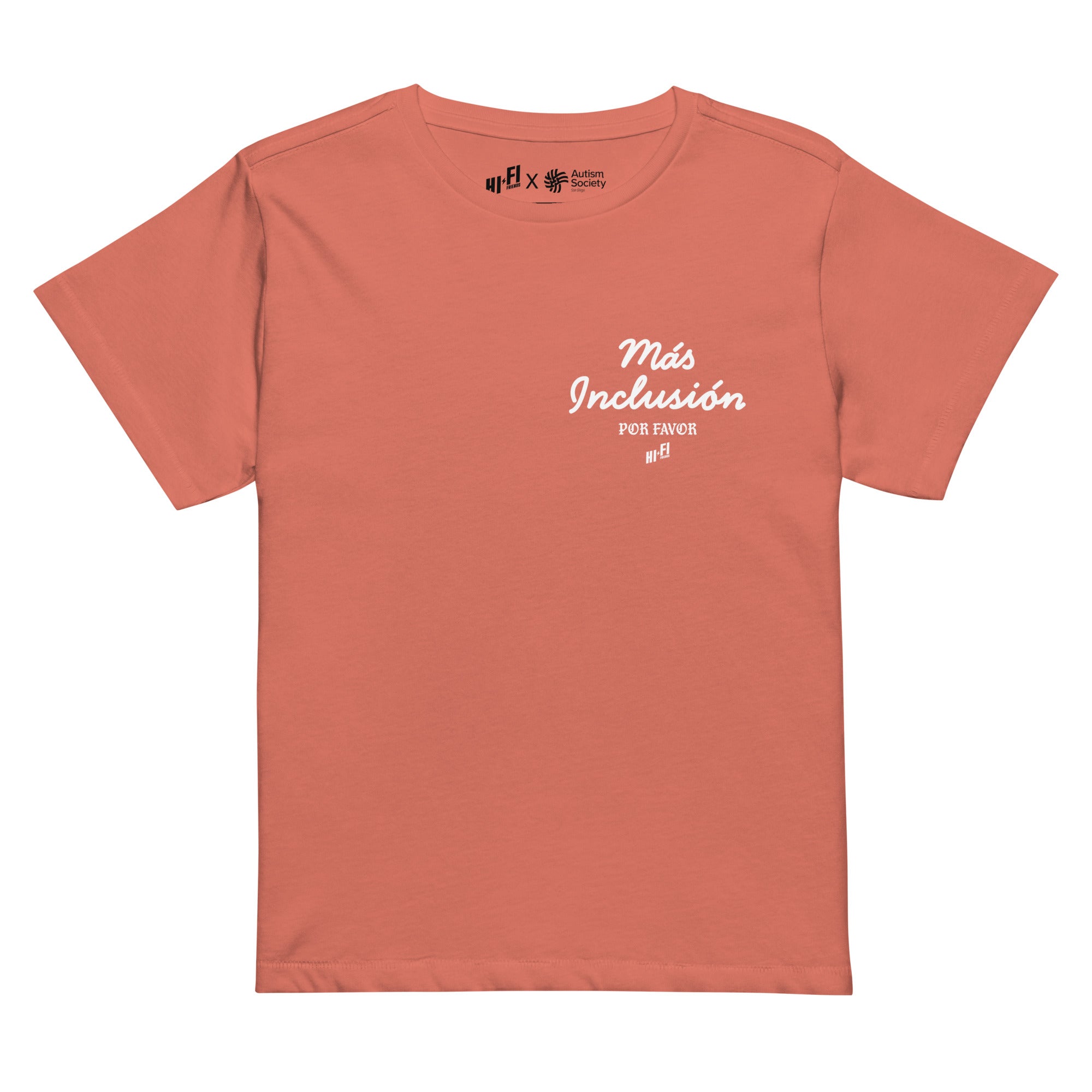 Más Inclusión Women's High-Waisted Tee in Red Sorbet | Autism Society San Diego