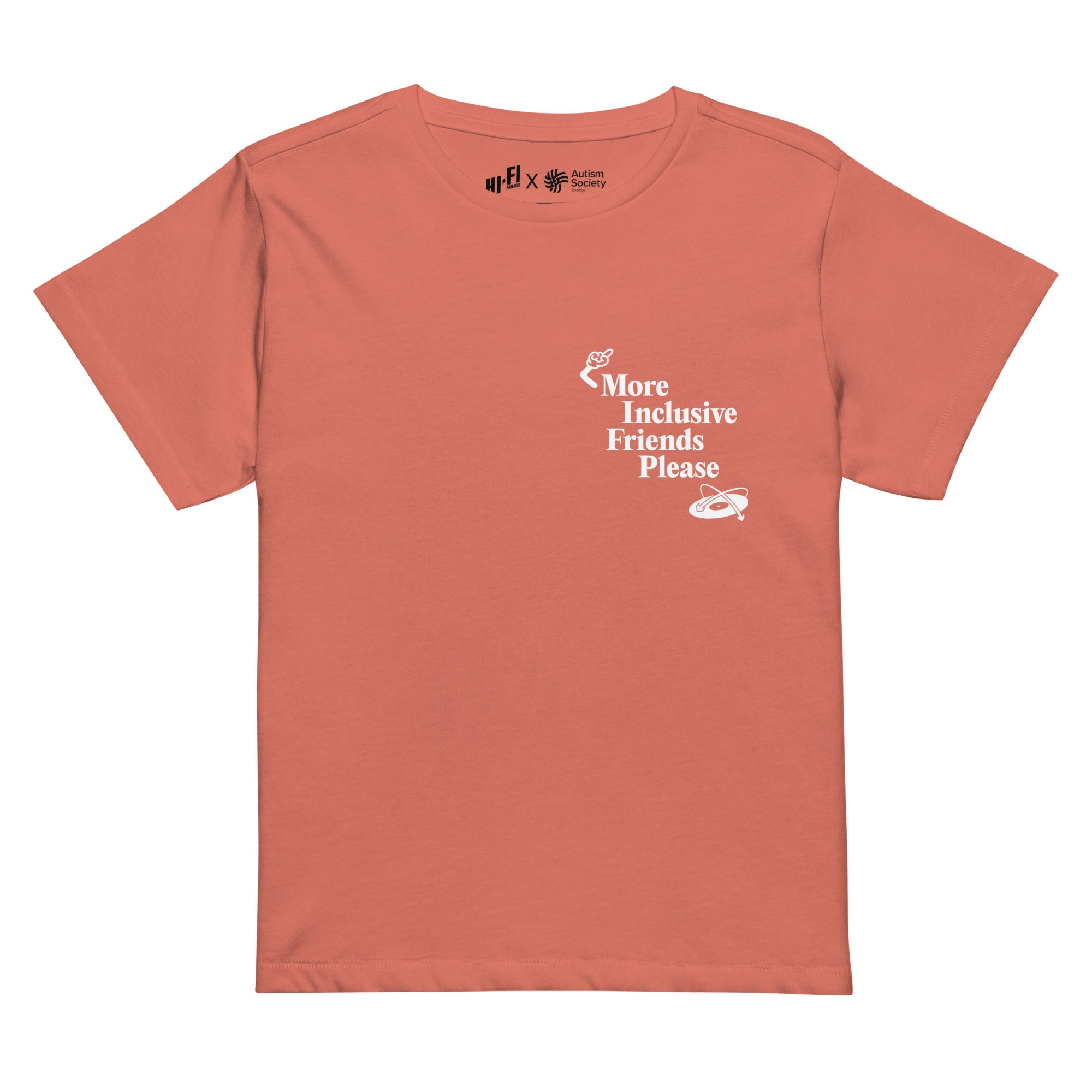 More Inclusive Friends Please Women's High-Waisted Tee in Red Sorbet | Autism Society San Diego