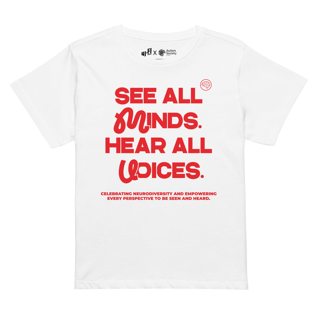 See All Minds. Hear All Voices. Women's High-Waisted Tee in White | Autism Society San Diego