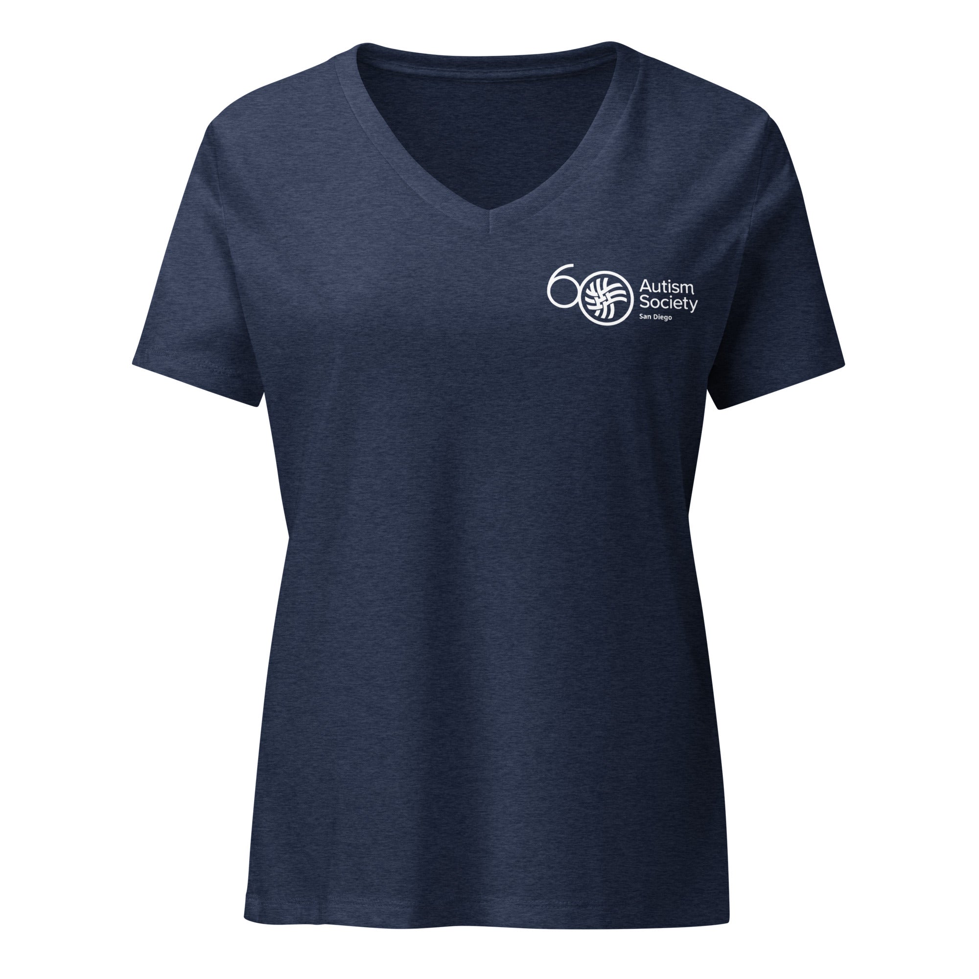 ASSD 60th Logo Women's V-neck Tee in Heather Navy | Autism Society San Diego