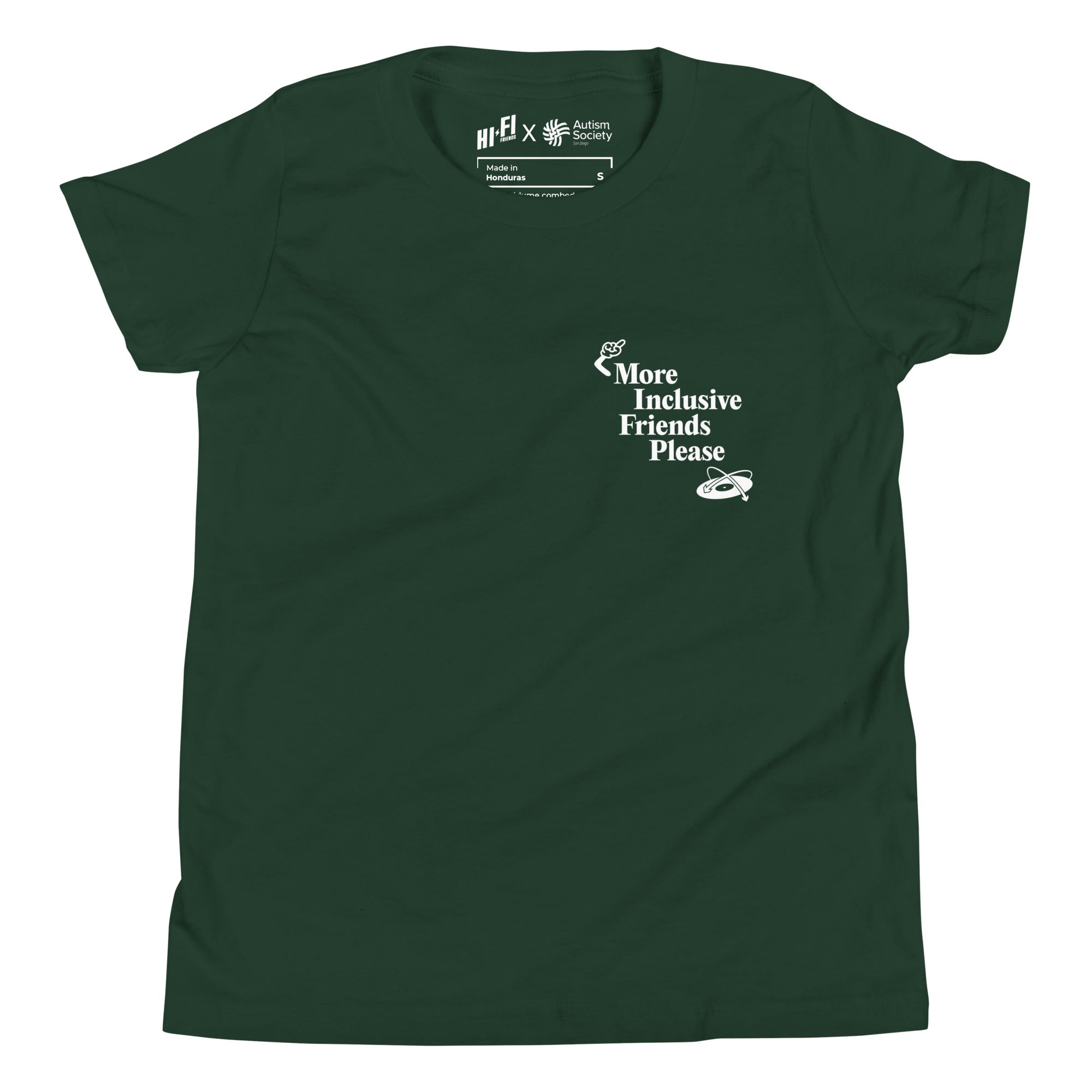 More Inclusive Friends Please Youth Tee in Forest | Autism Society San Diego