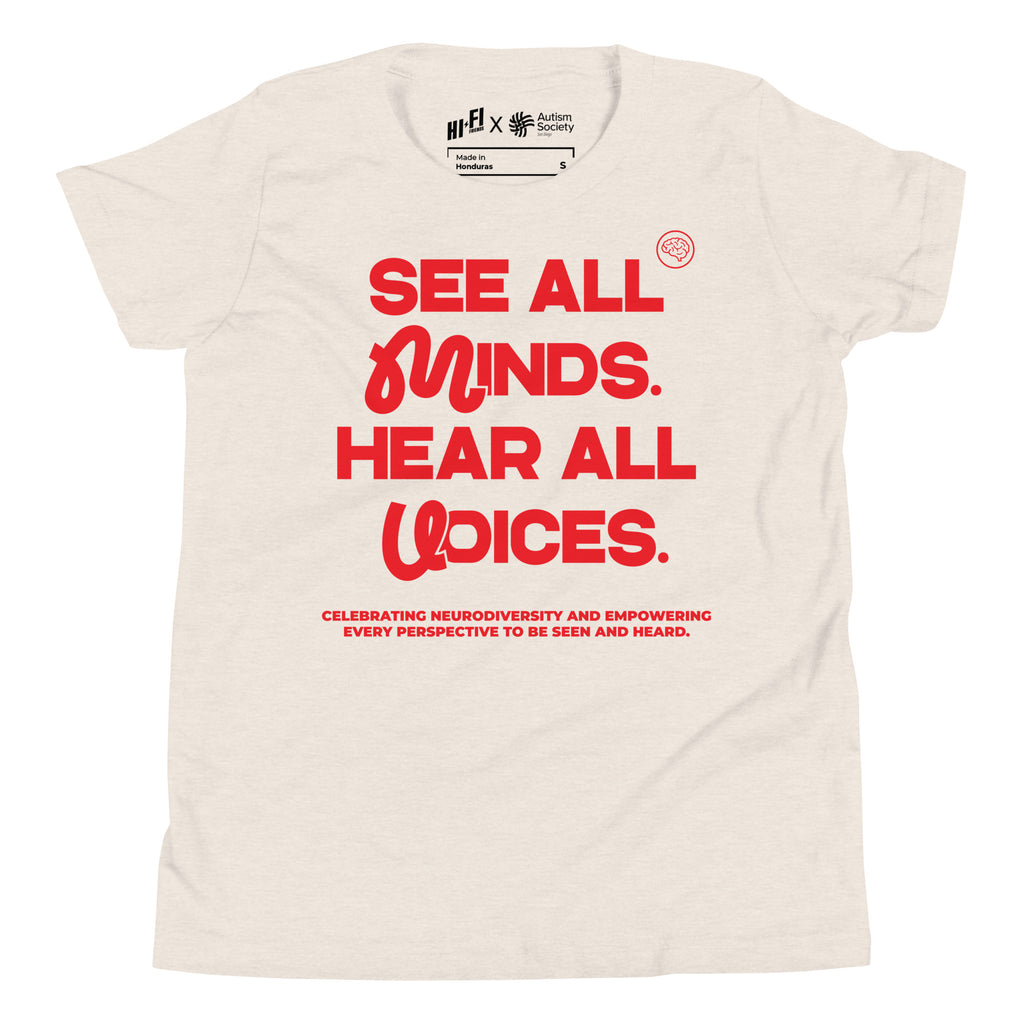 See All Minds. Hear All Voices. Youth Tee in Heather Dust | Autism Society San Diego