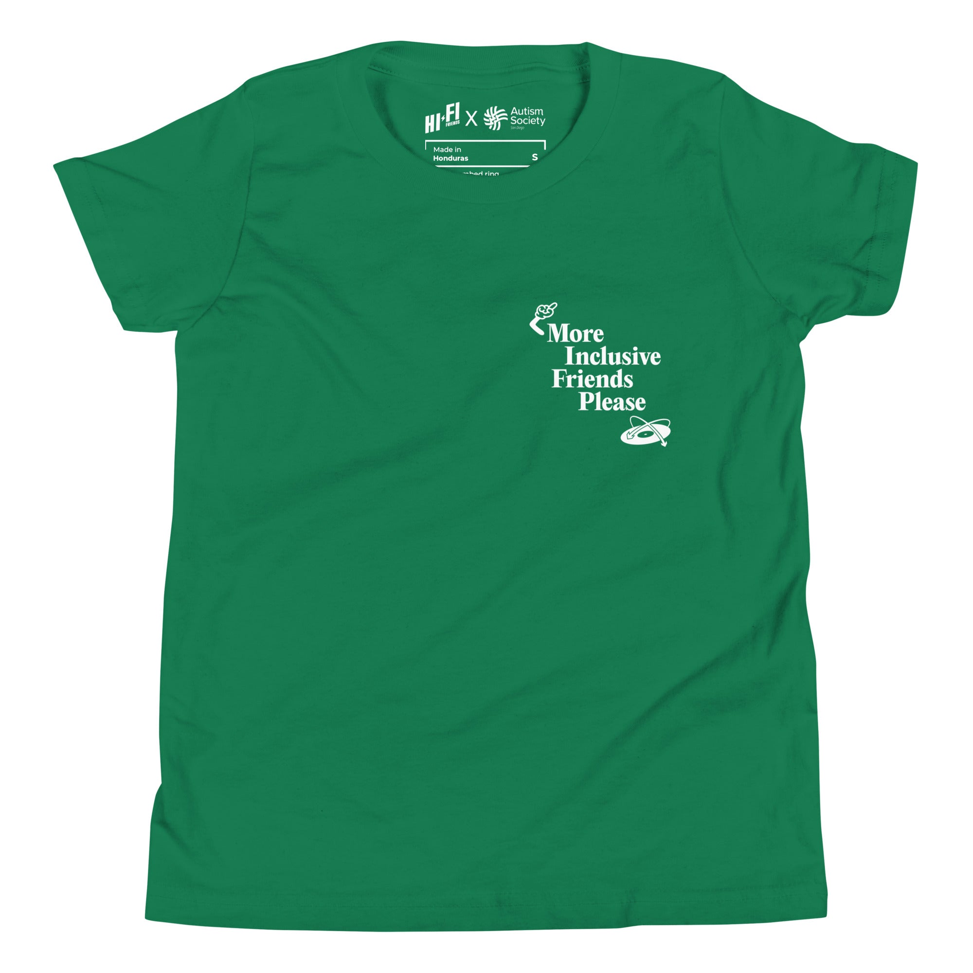 More Inclusive Friends Please Youth Tee in Kelly | Autism Society San Diego