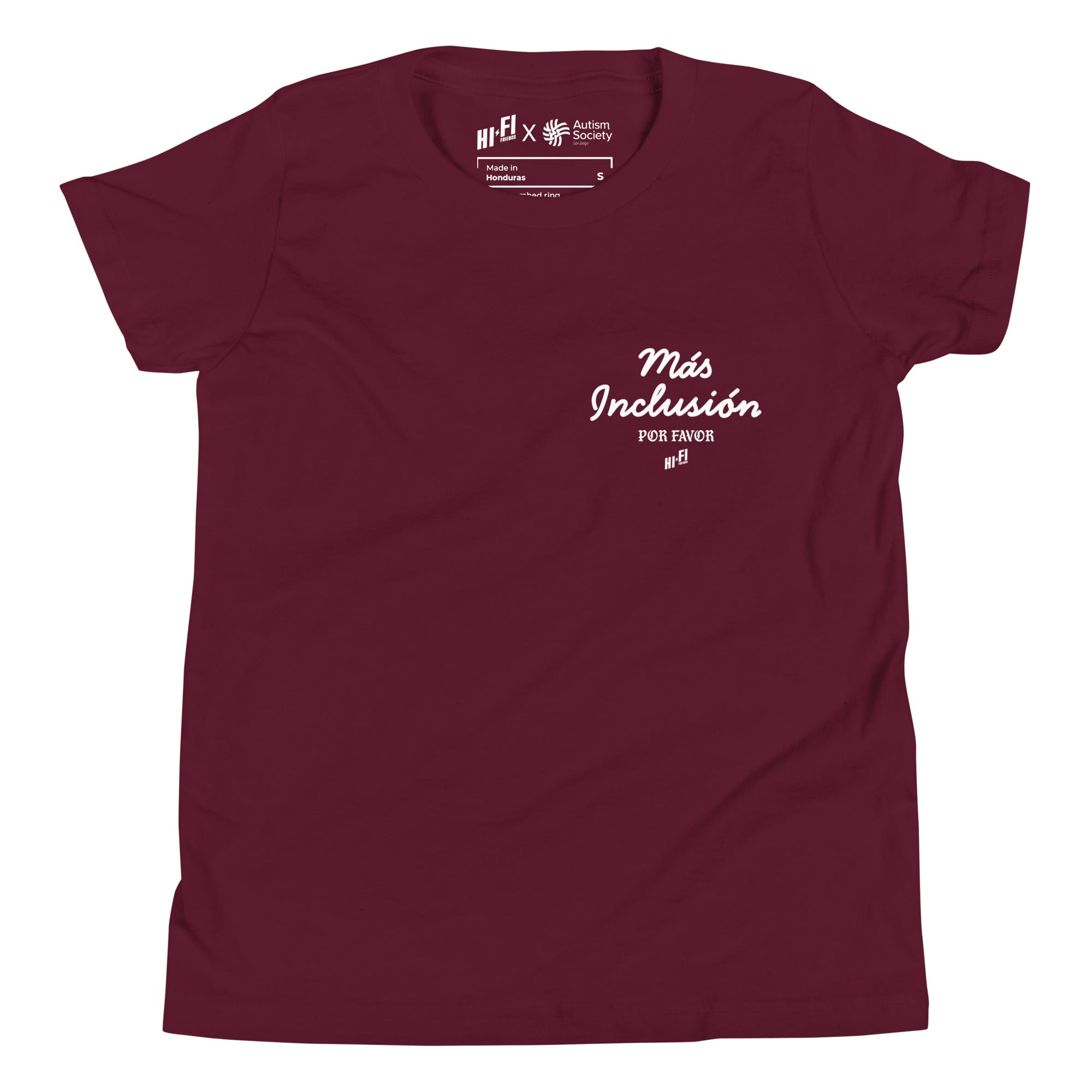 Más Inclusión Youth Tee in Maroon | Autism Society San Diego